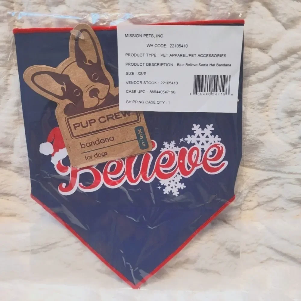 Pup Crew Pet Bandana Cat or Dog Christmas Believe Santa Hat Snow Blue XS-S New